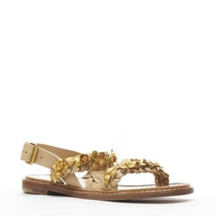 new VALENTINO tan brown braided gold metal flower embellished sandals EU35.5