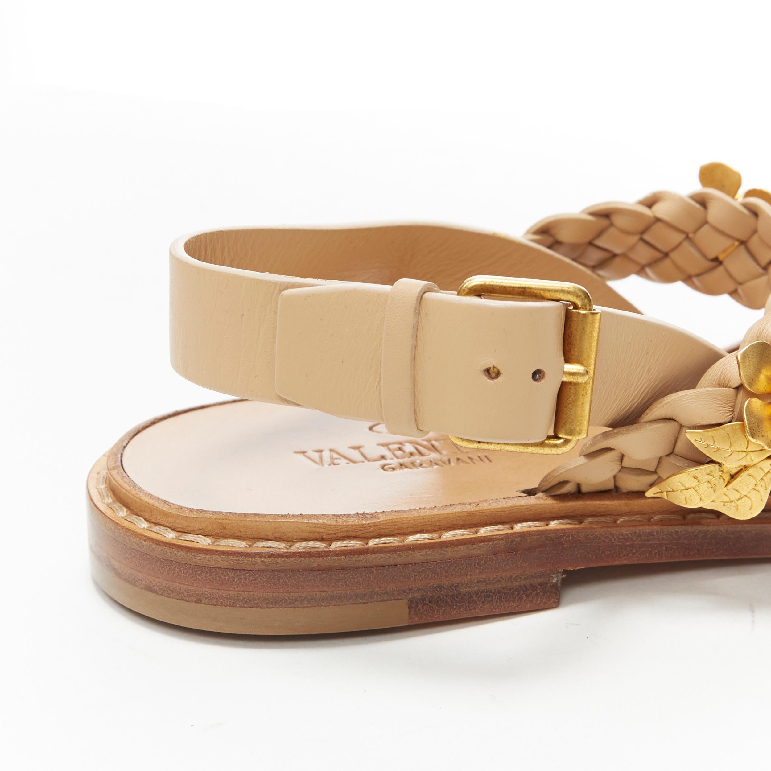new VALENTINO tan brown braided gold metal flower embellished sandals EU35.5 1