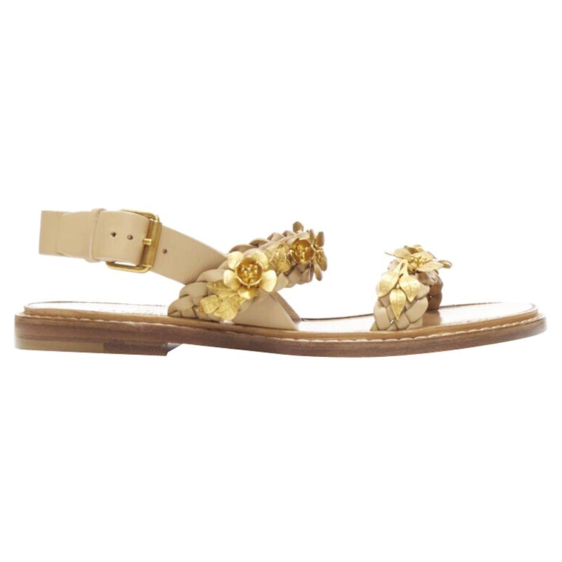 new VALENTINO tan brown braided gold metal flower embellished sandals EU35.5
