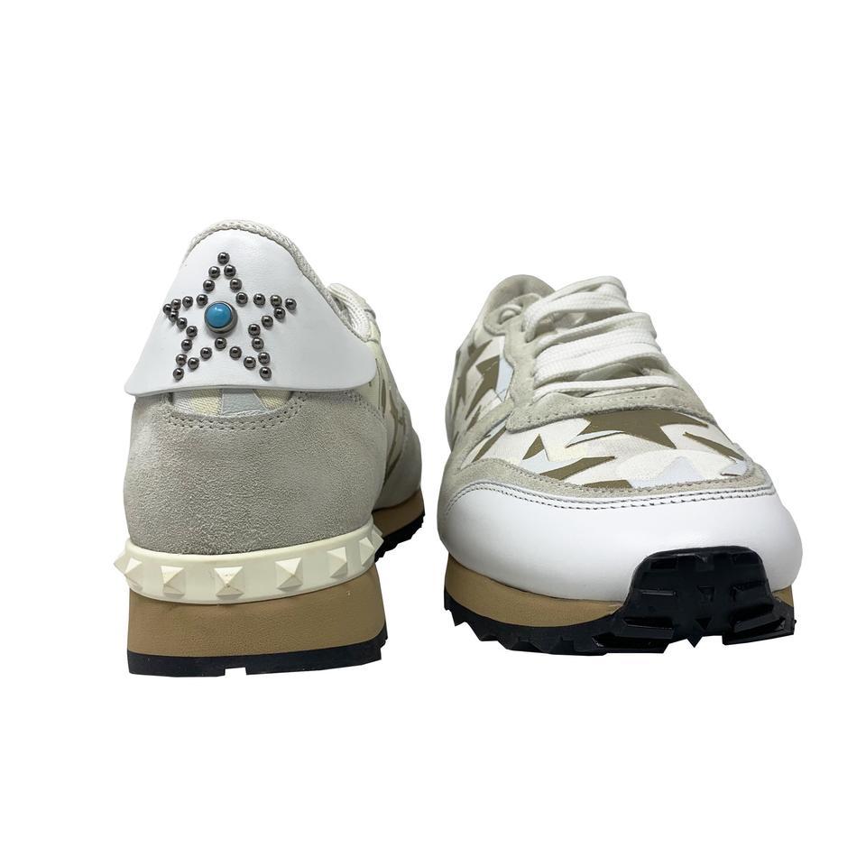 Beige NEW Valentino White Brown Star Studded Leather Rubber Sneaker For Sale