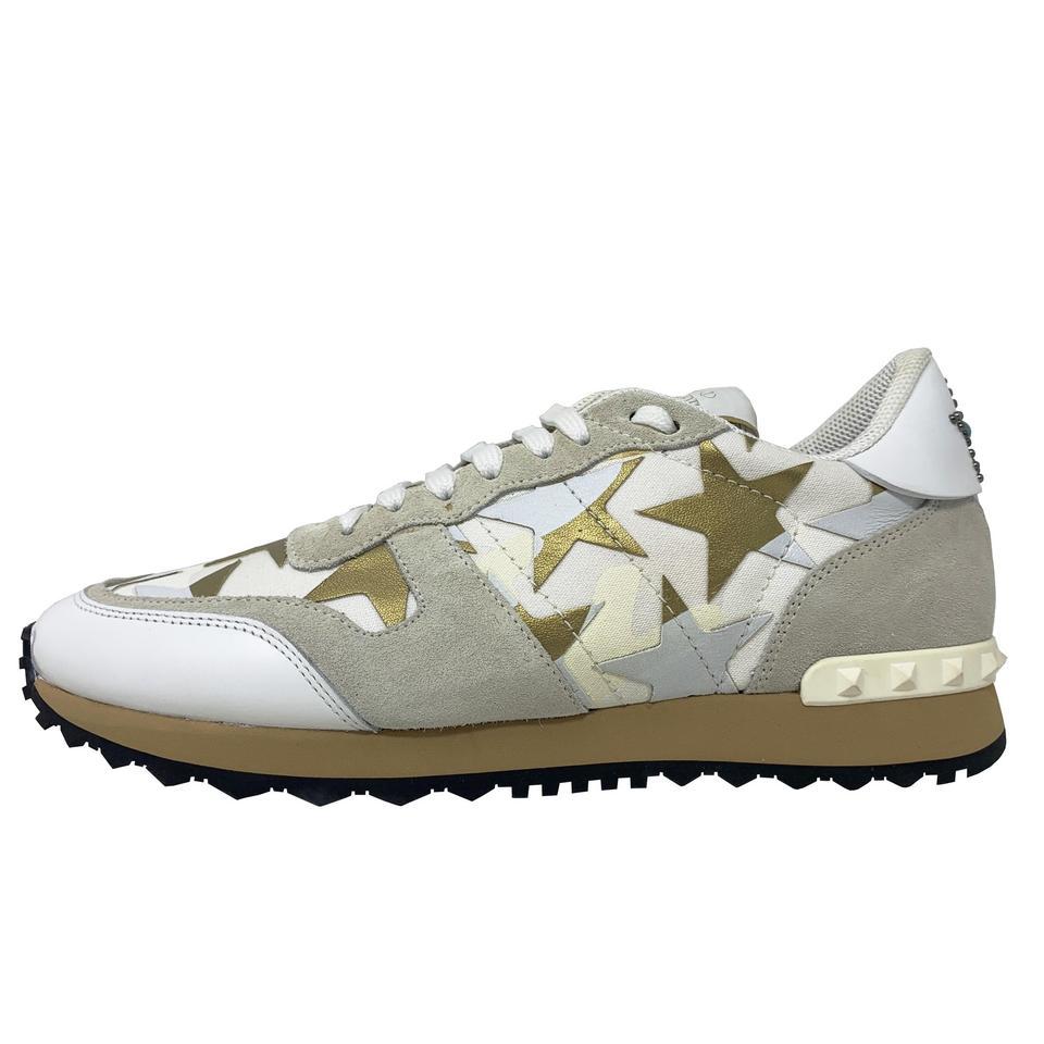 NEW Valentino White Brown Star Studded Leather Rubber Sneaker For Sale 1