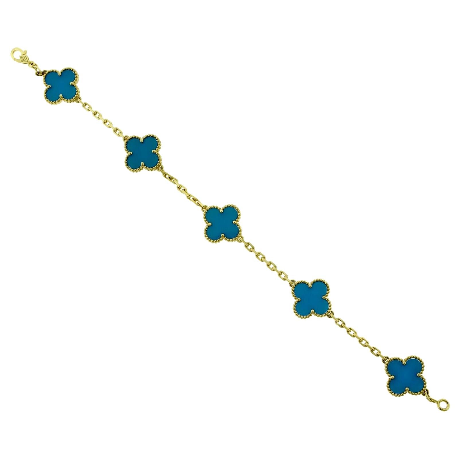 Van Cleef & Arpels Vintage Alhambra Blue Agate Gold 5 Motif Bracelet