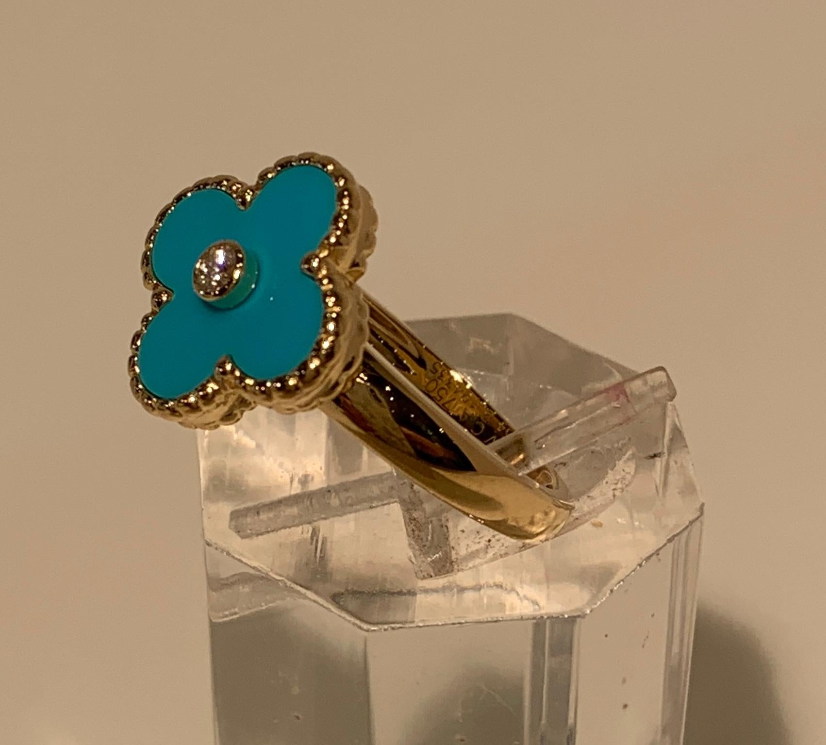 New Van Cleef & Arpels Vintage Alhambra Collection Diamond Turquoise Flower Ring 1