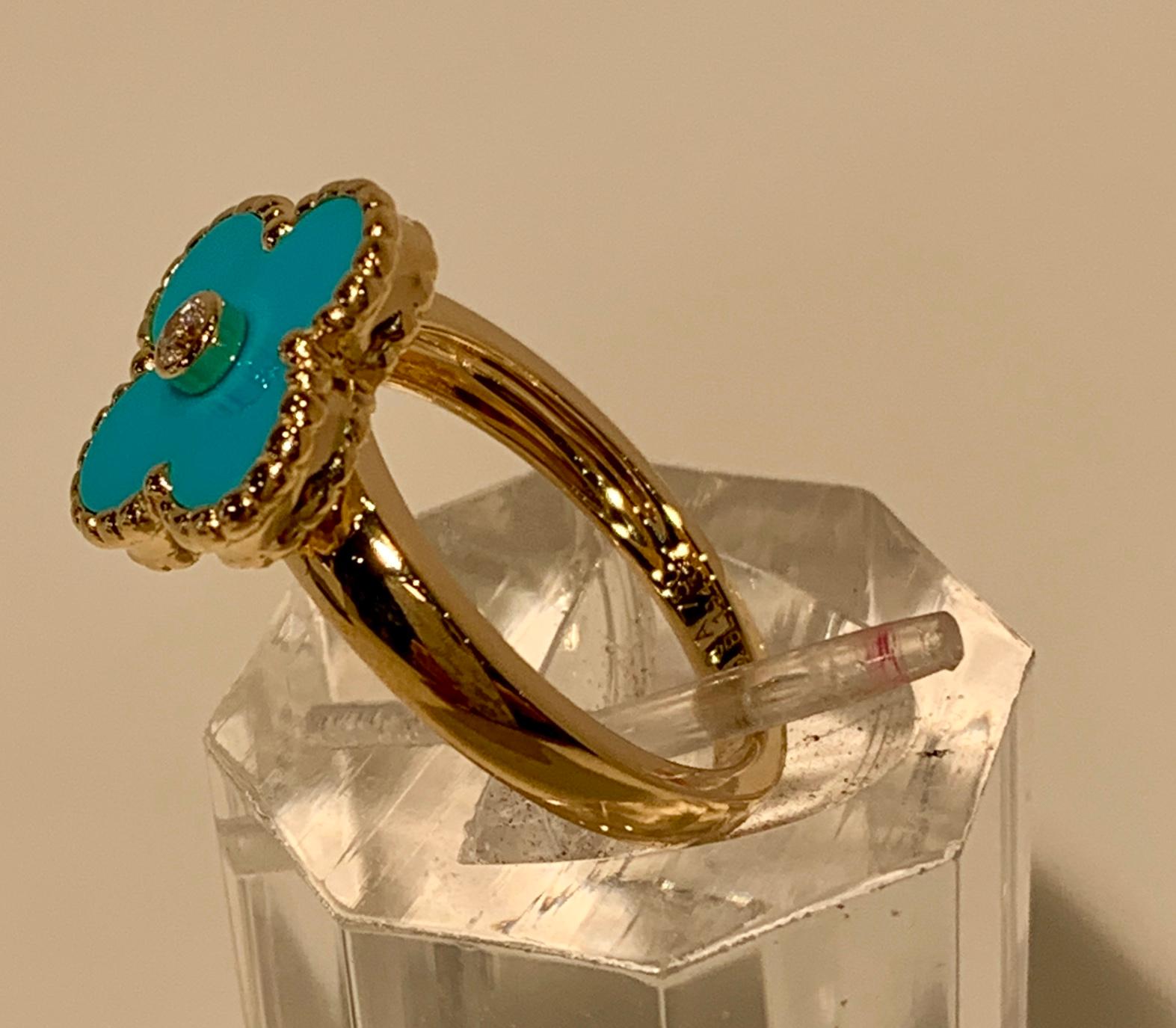 New Van Cleef & Arpels Vintage Alhambra Collection Diamond Turquoise Flower Ring 2