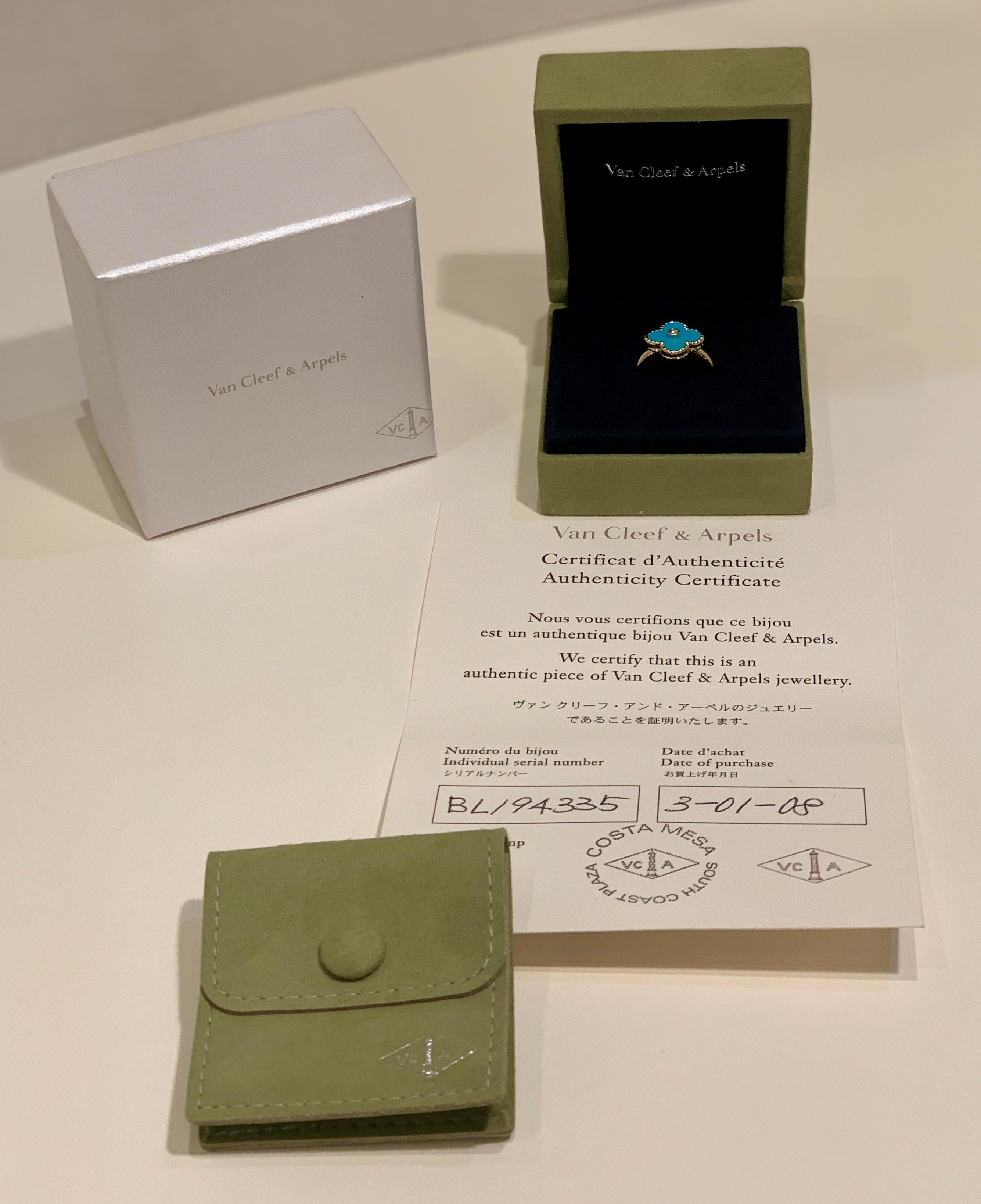 New Van Cleef & Arpels Vintage Alhambra Collection Diamond Turquoise Flower Ring 7