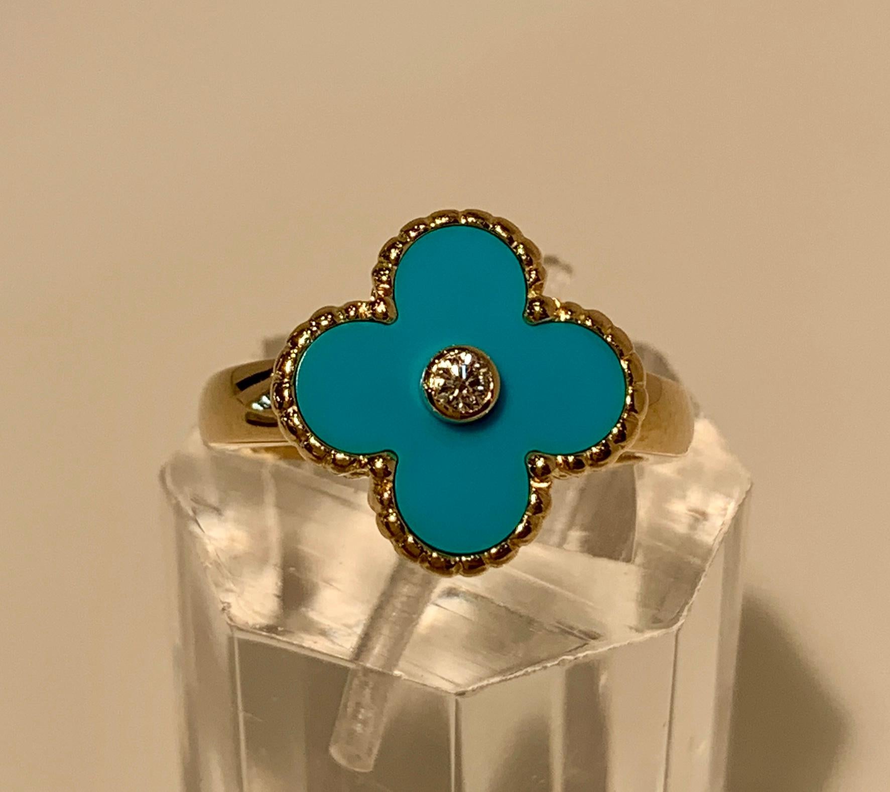 Round Cut New Van Cleef & Arpels Vintage Alhambra Collection Diamond Turquoise Flower Ring