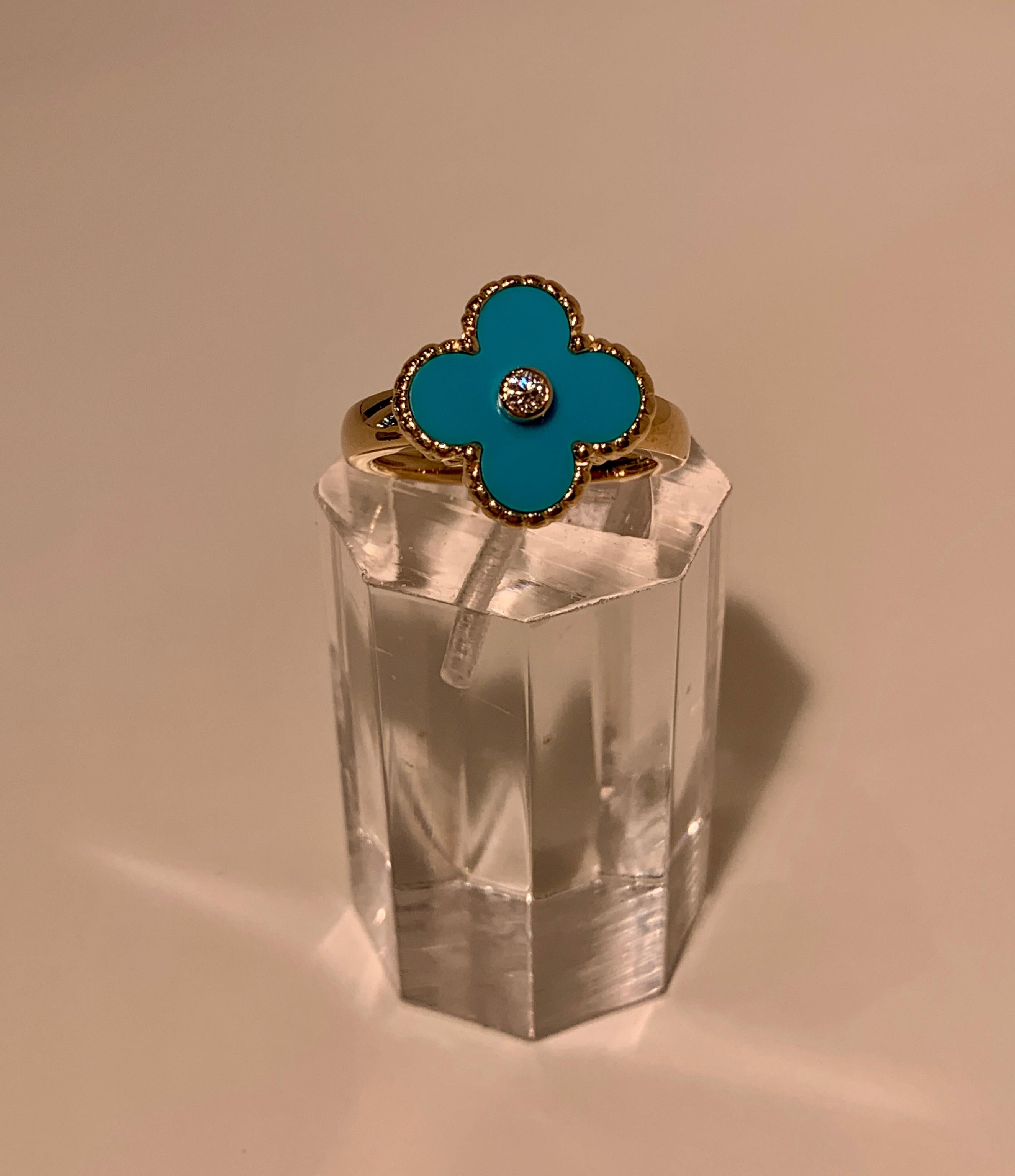 Women's New Van Cleef & Arpels Vintage Alhambra Collection Diamond Turquoise Flower Ring