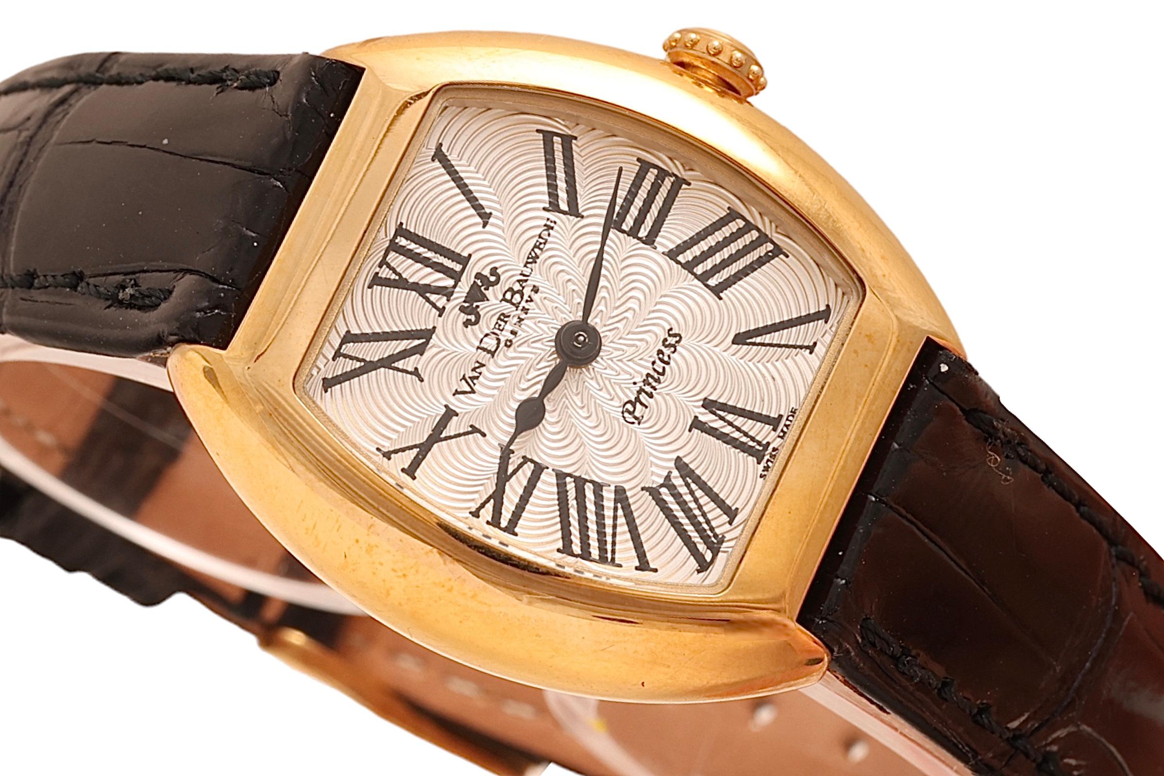 Women's or Men's New Van Der Bauwede Princess in 18kt Gold Automatic Wristwatch With Box & Papers For Sale