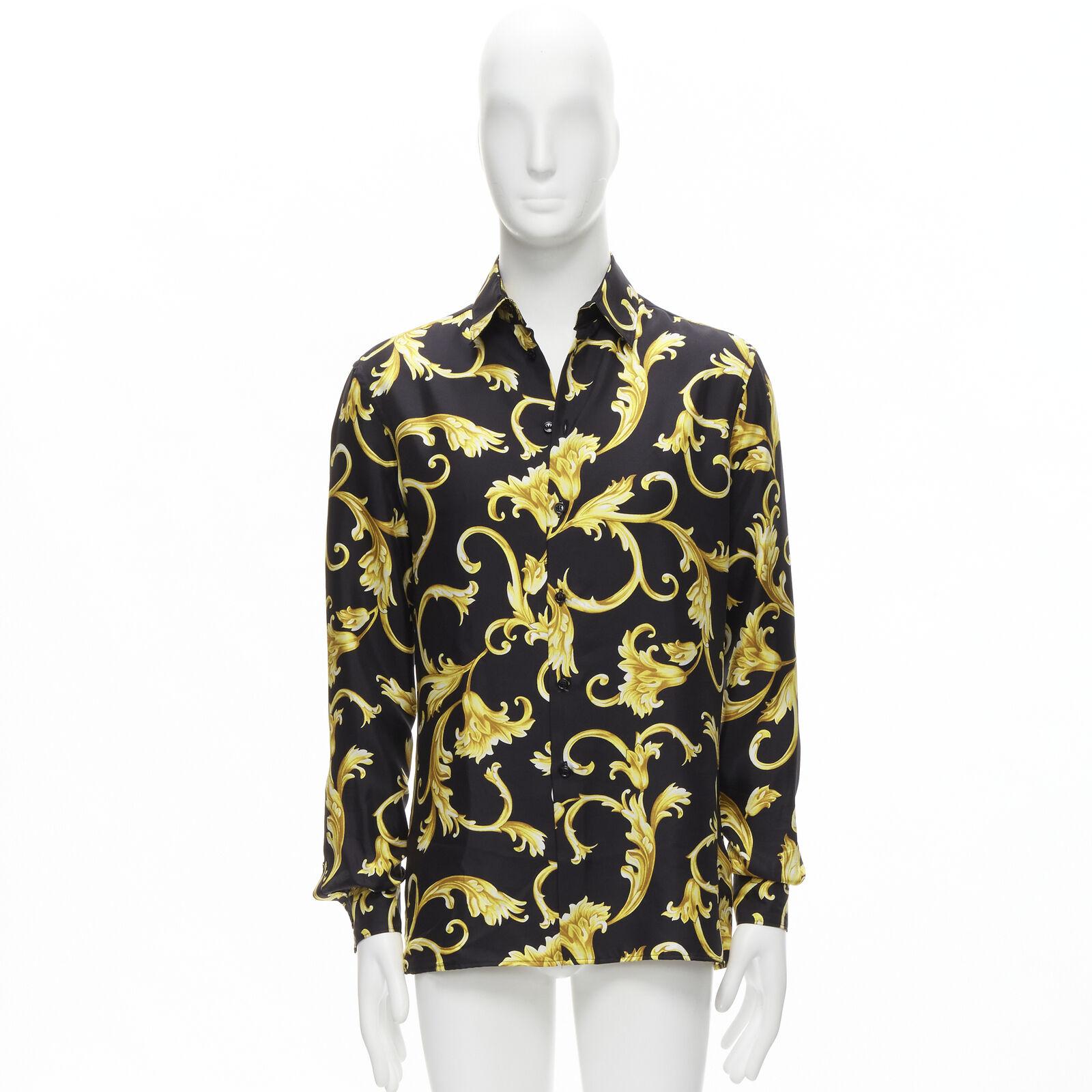 new VERSACE 100% silk black gold Barocco flora print relaxed shirt EU38 S For Sale 6