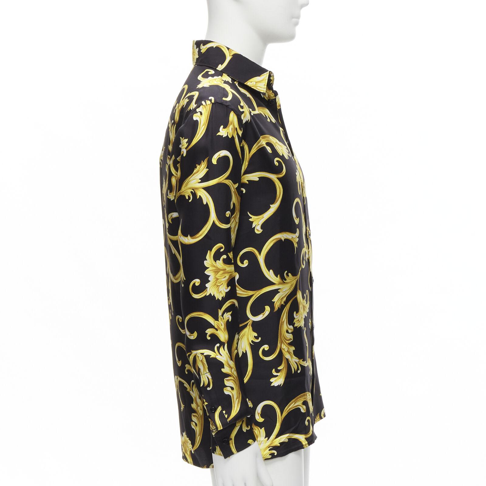 Men's new VERSACE 100% silk black gold Barocco flora print relaxed shirt EU38 S For Sale