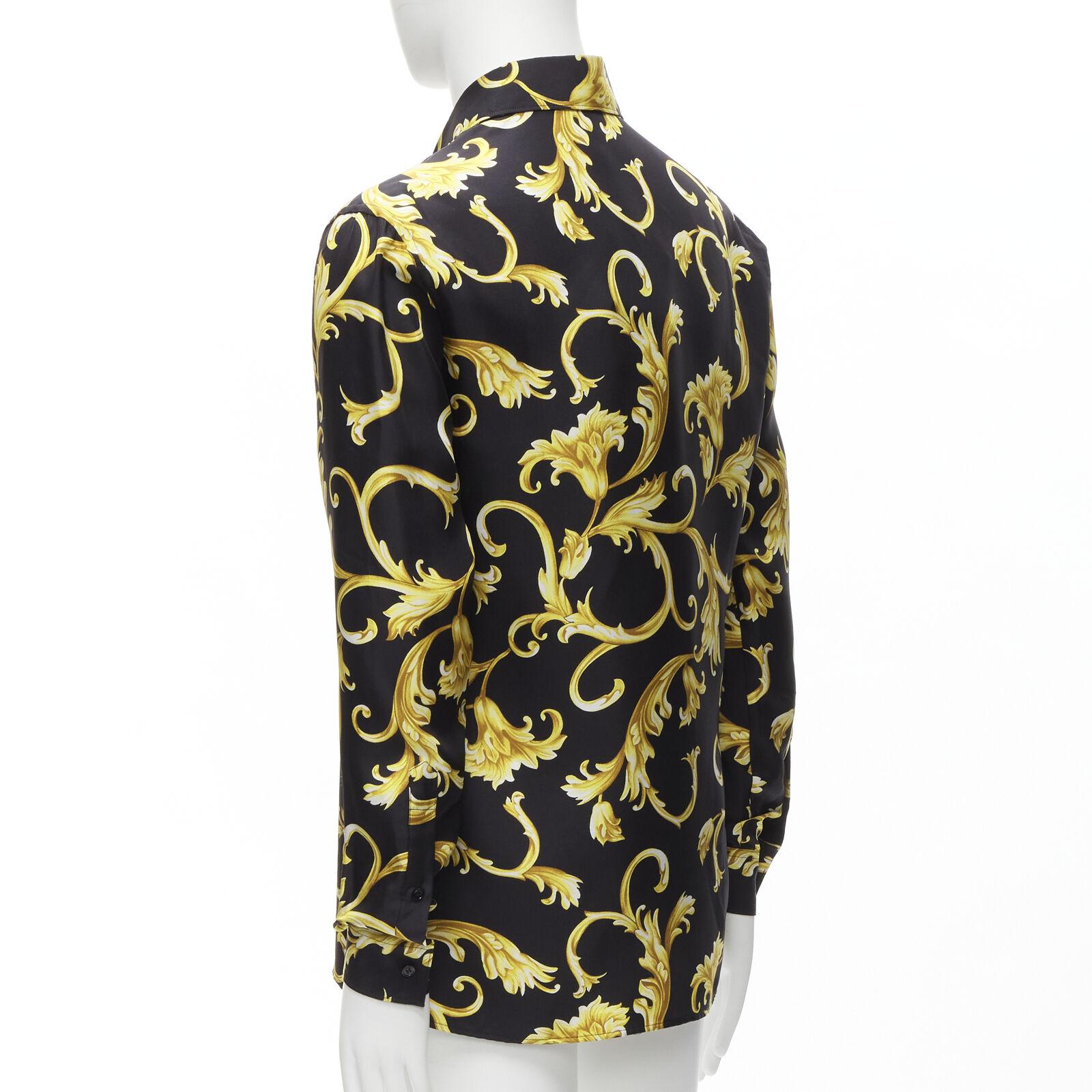 new VERSACE 100% silk black gold Barocco flora print relaxed shirt EU38 S For Sale 2