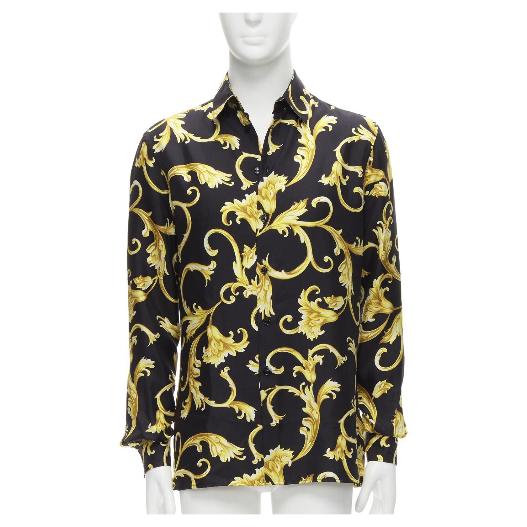 new VERSACE 100% silk black gold Barocco flora print relaxed shirt EU38 S For Sale