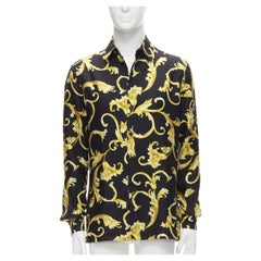 VERSACE 100% Seidenhemd mit schwarzem und goldenem Barock-Blumendruck EU38 S
