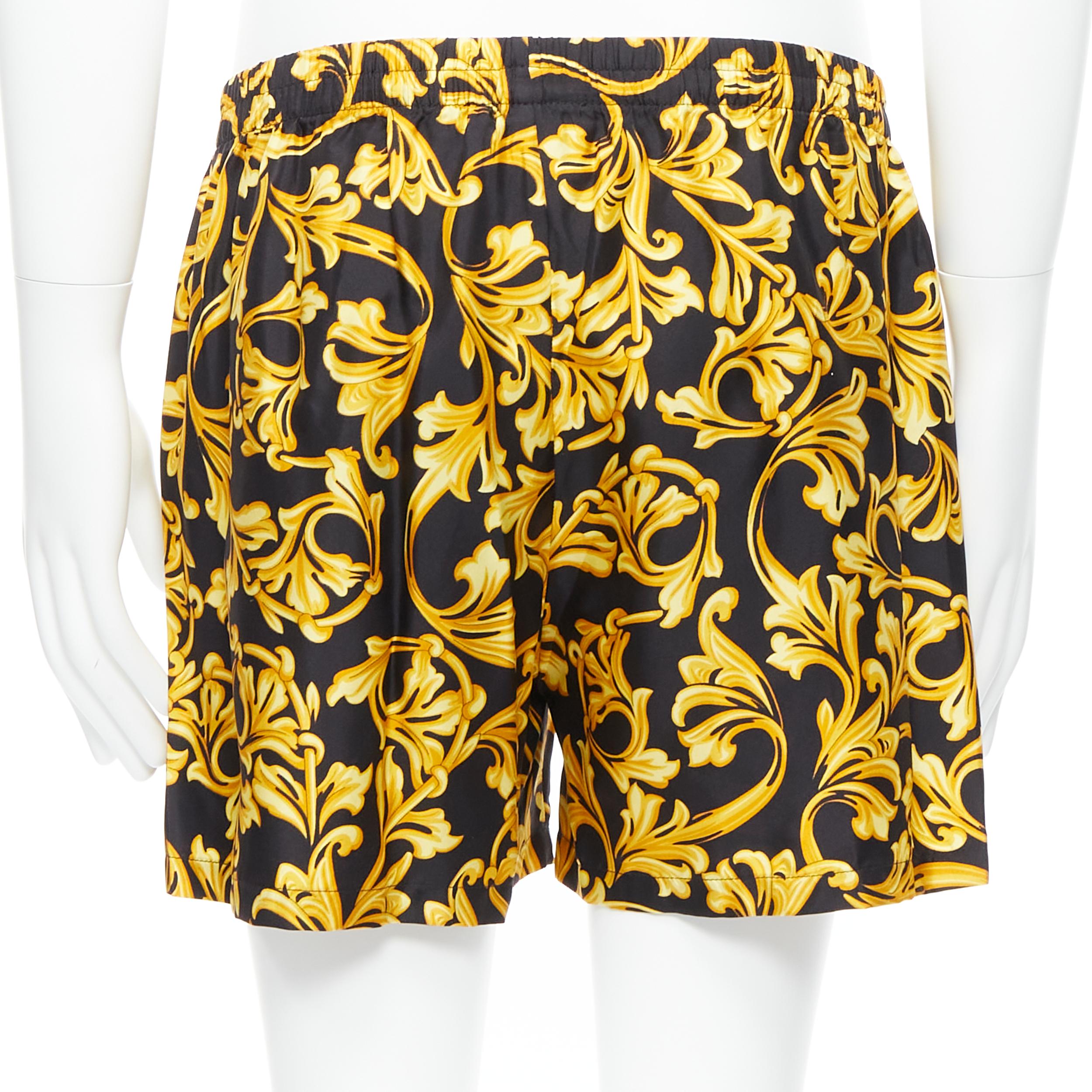 Yellow new VERSACE 100% silk black gold barocco floral print boxer shorts IT5 M For Sale