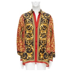 VERSACE Chemise royale à feuilles baroque baroque baroque en soie noire, rouge et or 100 %, EU41 L, neuve