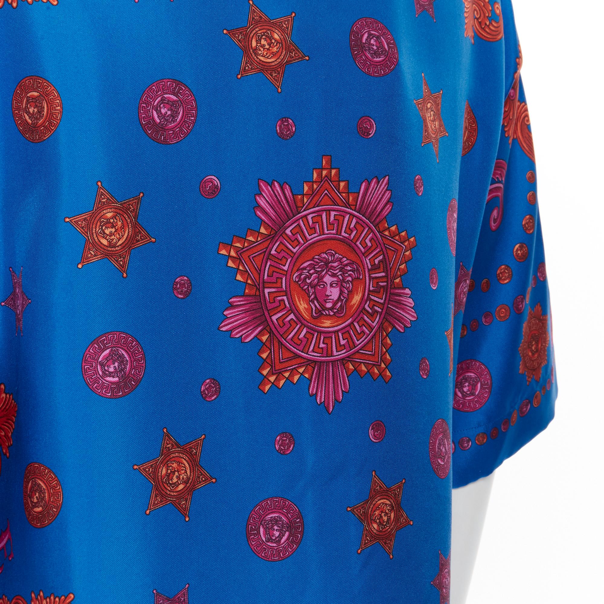 new VERSACE 100% silk blue pink western barocco Medusa bowling shirt EU39 M 2