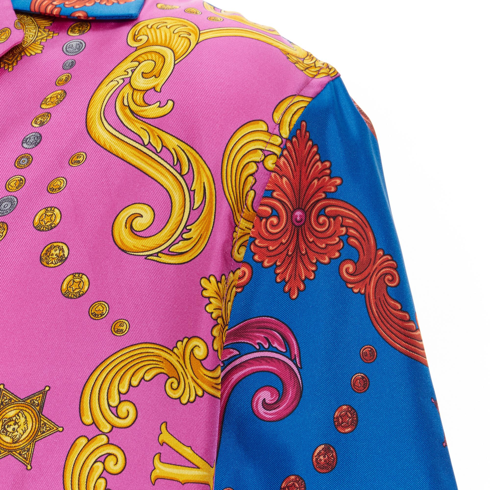 new VERSACE 100% silk blue pink western barocco Medusa bowling shirt EU39 M In New Condition In Hong Kong, NT