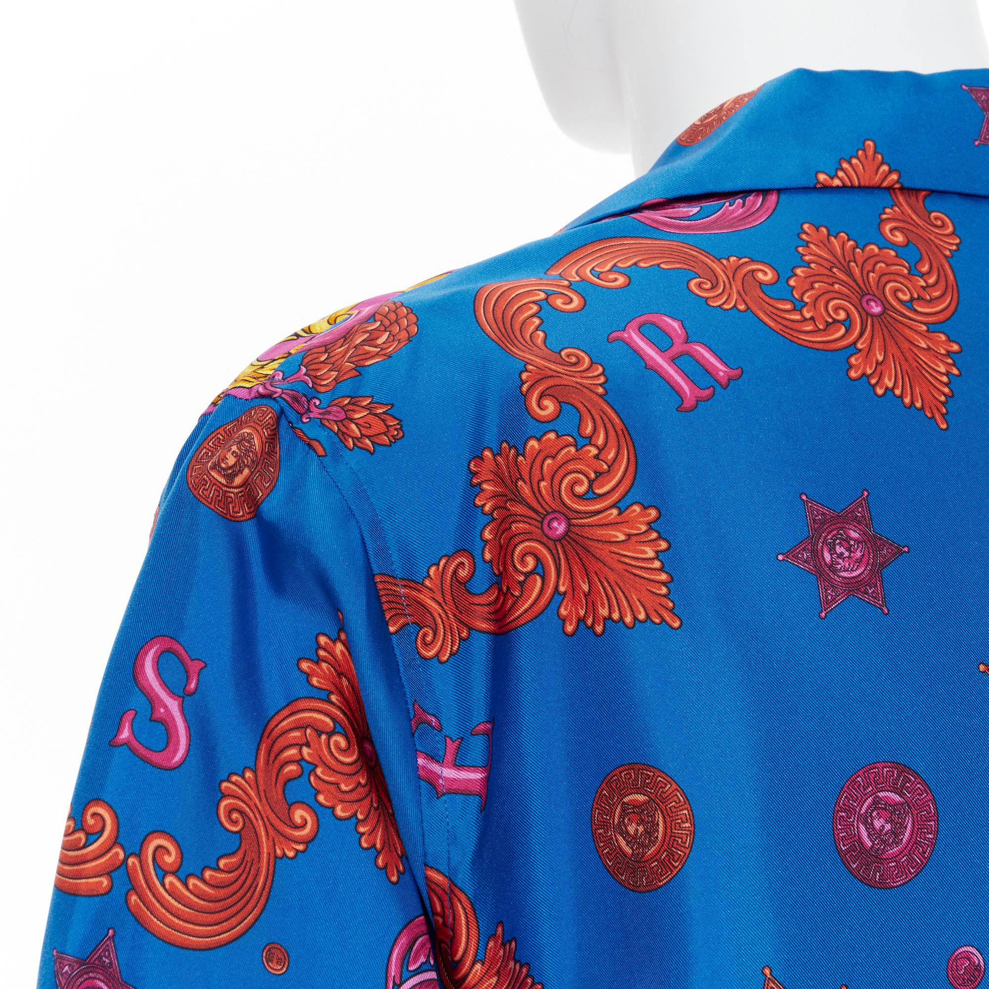 Men's new VERSACE 100% silk blue pink western barocco Medusa bowling shirt EU39 M