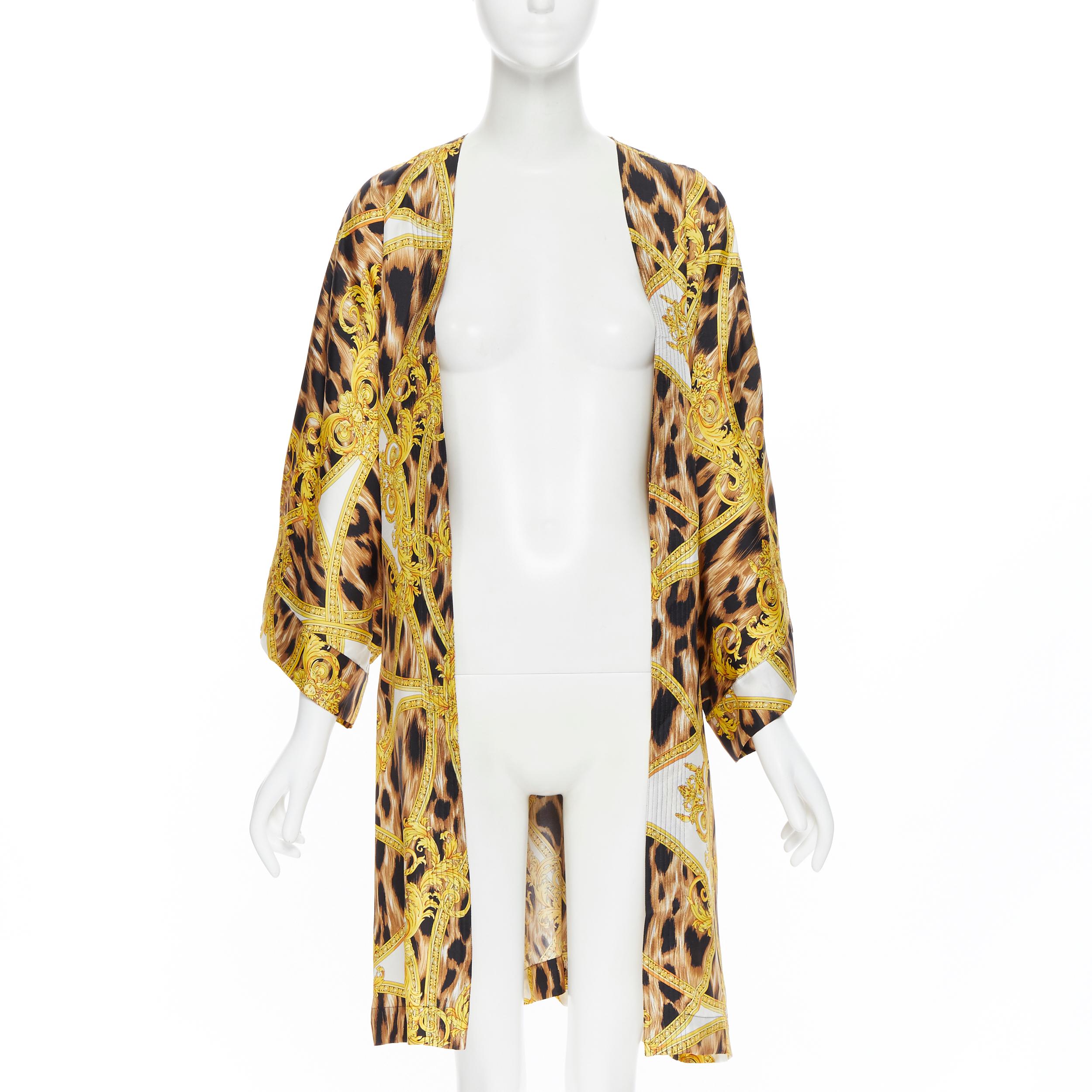 Brown new VERSACE 100% silk brown leopard gold Medusa barocco print kimono robe M