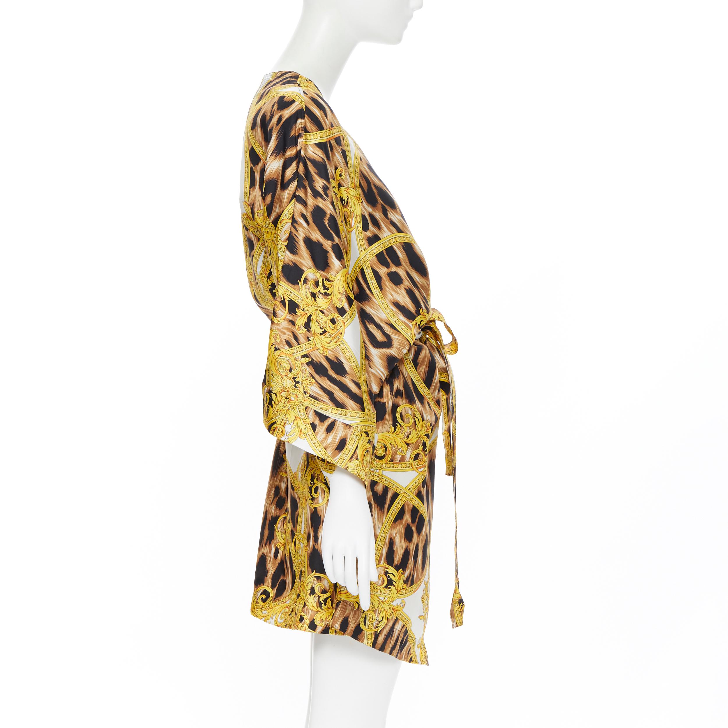 Women's new VERSACE 100% silk brown leopard gold Medusa barocco print kimono robe M