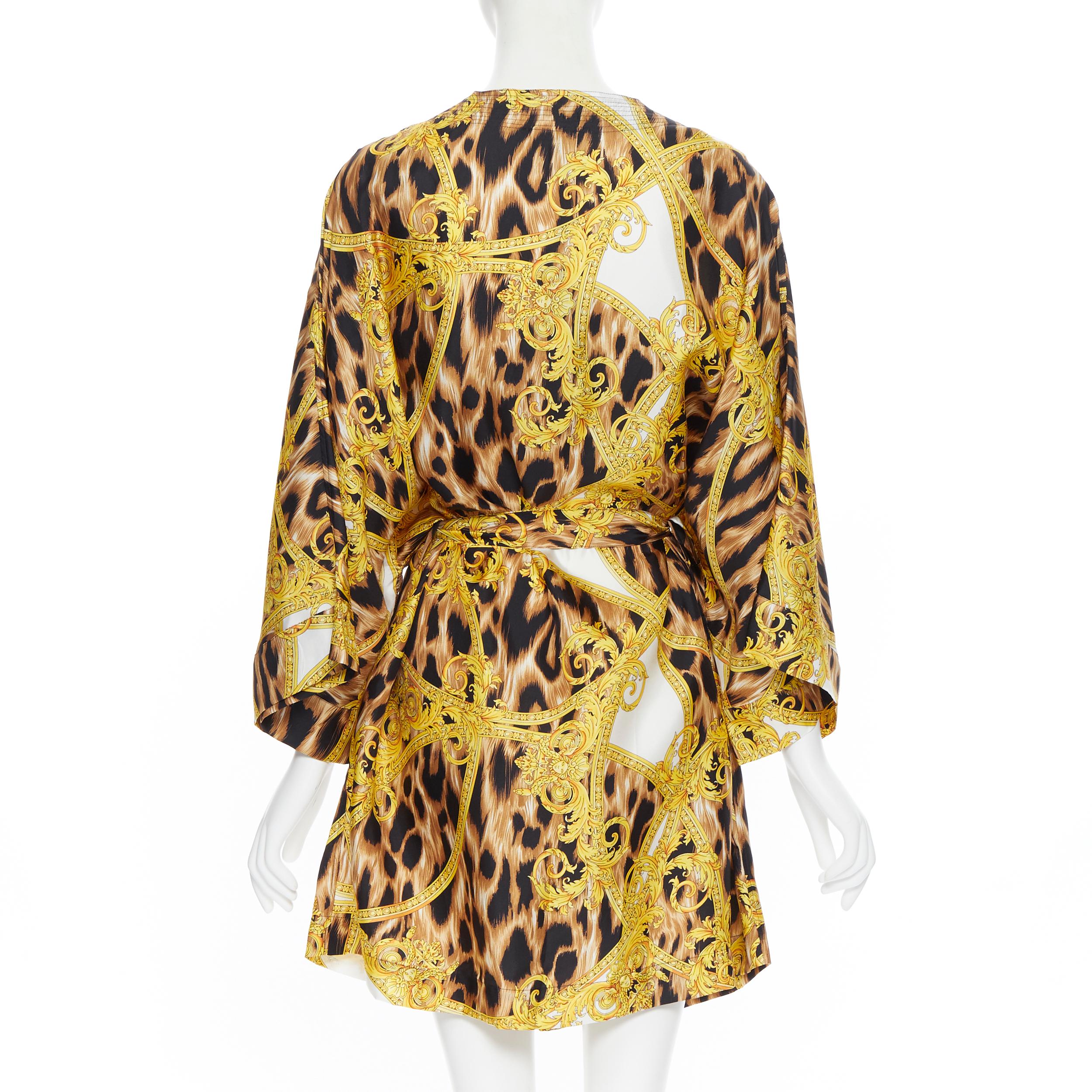 new VERSACE 100% silk brown leopard gold Medusa barocco print kimono robe M 1