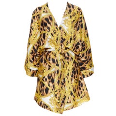 VERSACE 100% Seide Braun Leopard Gold Medusa Barock Druck Kimono Kleid M