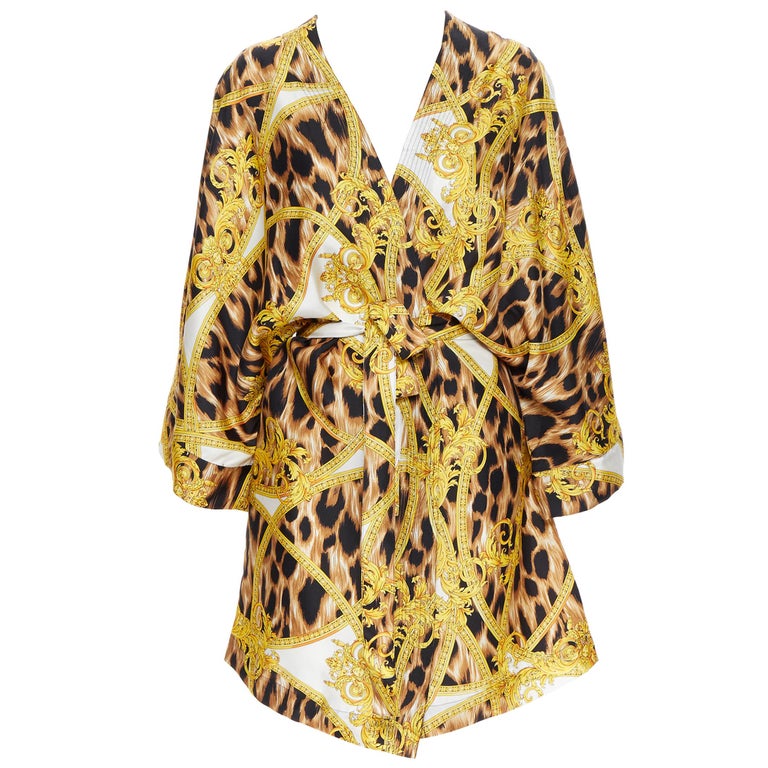 new VERSACE 100% silk brown leopard gold Medusa barocco print kimono robe M  at 1stDibs