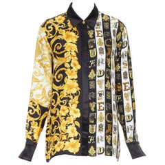 new VERSACE 100% silk gold black Hibiscus Baroque Virtus Alphabet shirt IT40 S