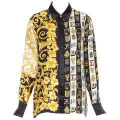 neu VERSACE 100% Seide gold schwarz Hibiskus Barock Virtus Alphabet Hemd IT40 S