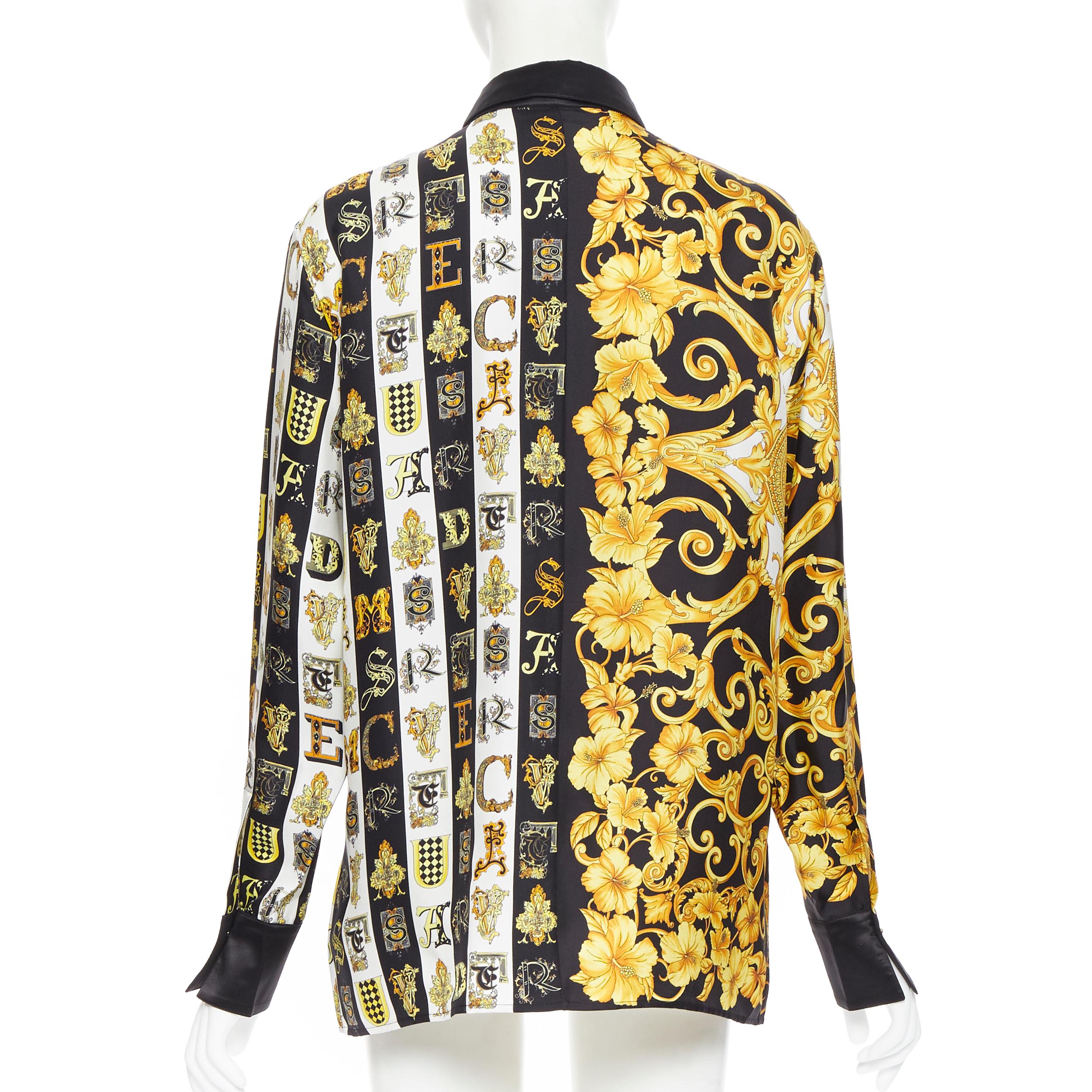 Beige new VERSACE 100% silk gold black Hibiscus Baroque Virtus Alphabet shirt IT42 M