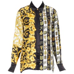 new VERSACE 100% silk gold black Hibiscus Baroque Virtus Alphabet shirt IT42 M