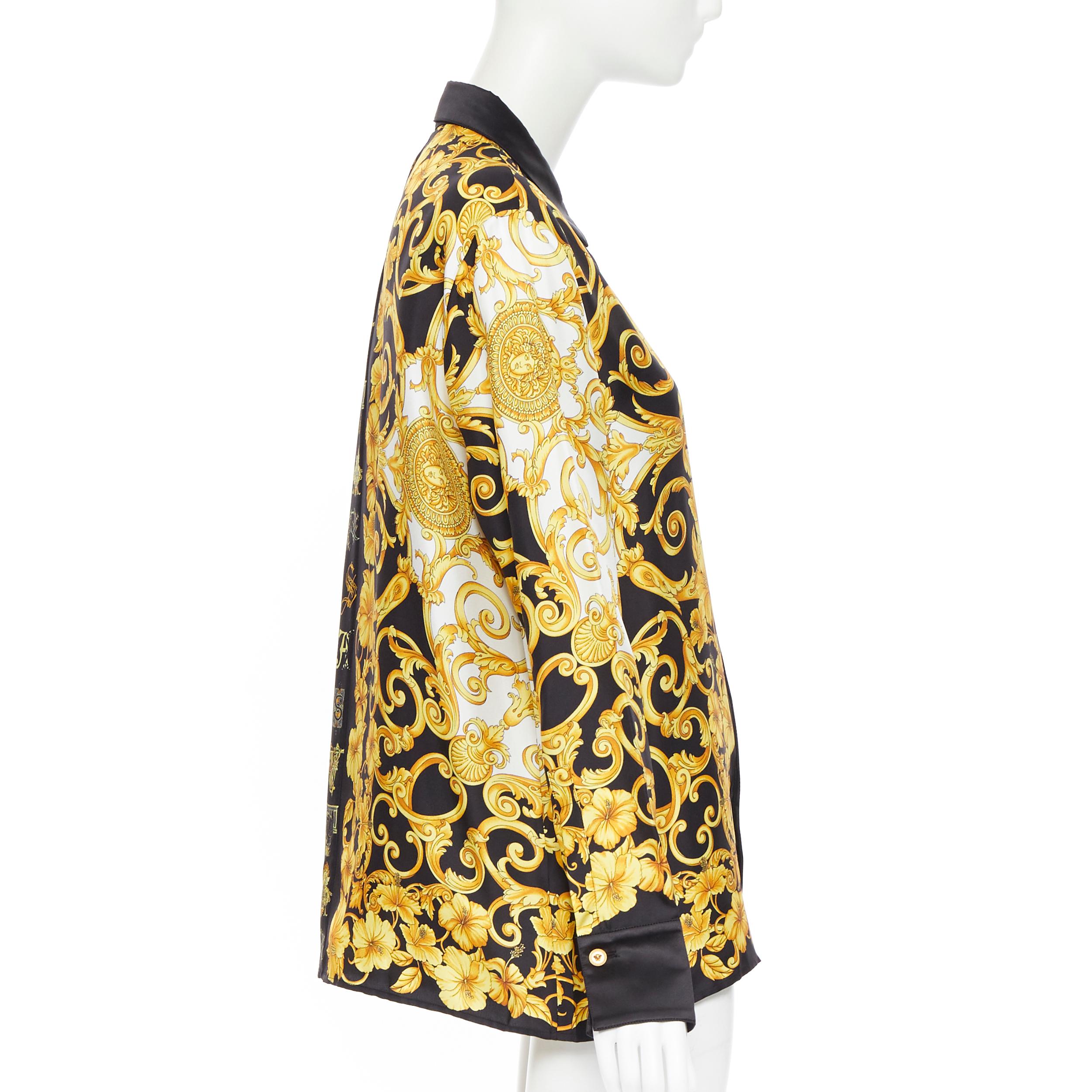 Women's new VERSACE 100% silk gold black Hibiscus Baroque Virtus Alphabet shirt IT44 L