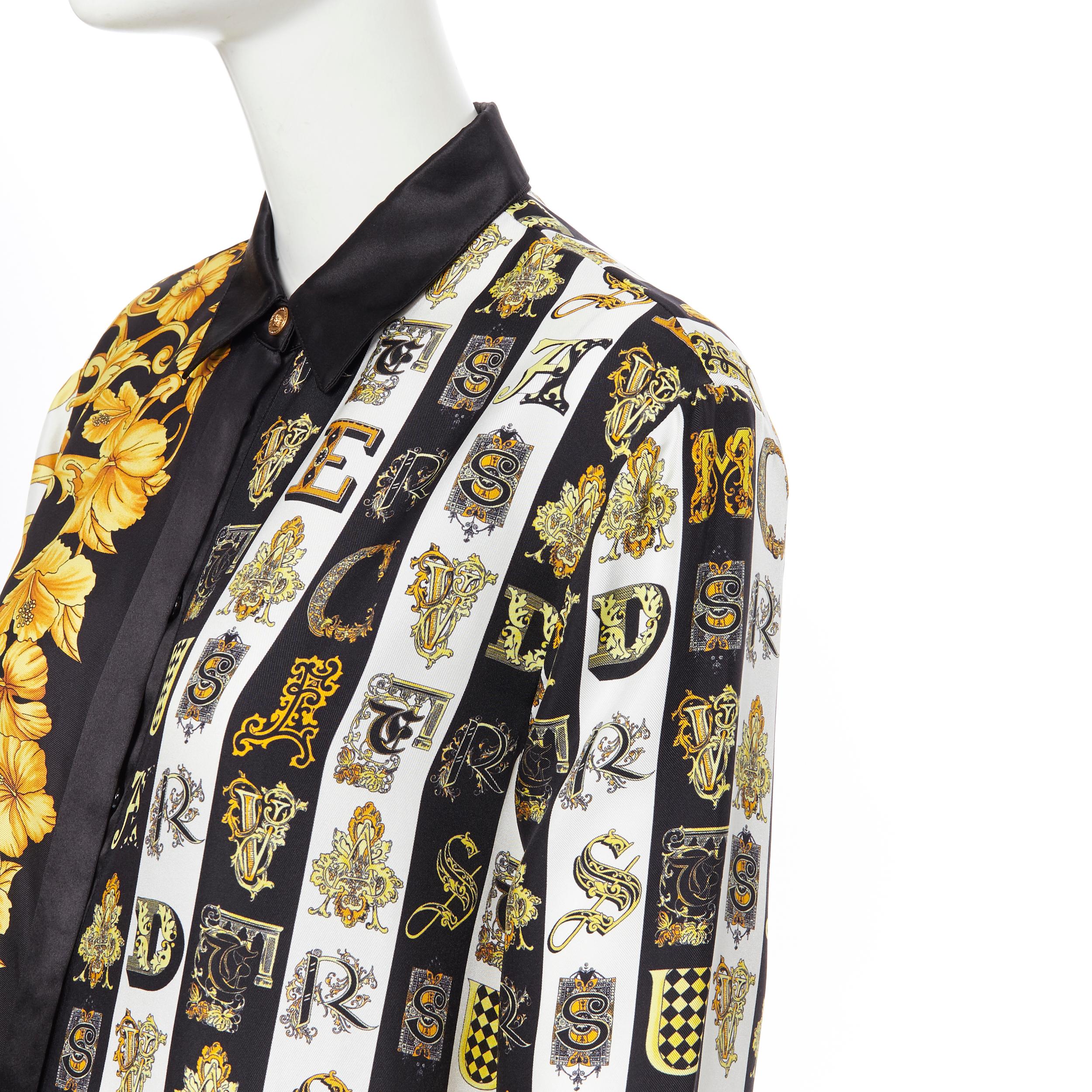 new VERSACE 100% silk gold black Hibiscus Baroque Virtus Alphabet shirt IT44 L 4