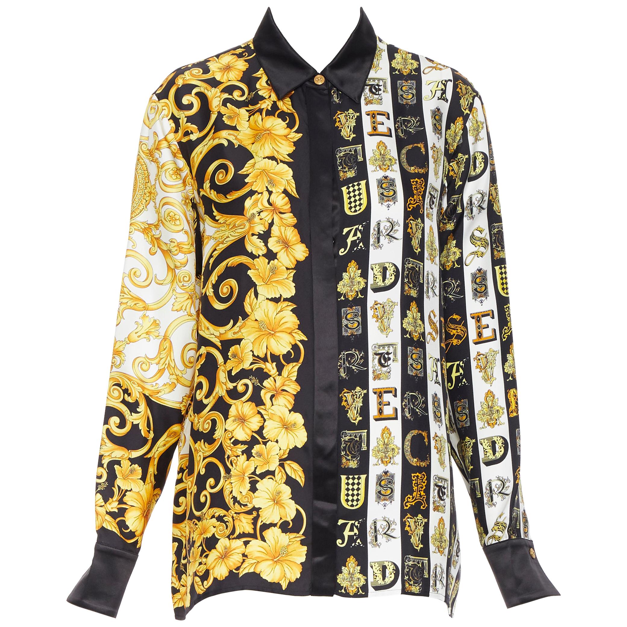 new VERSACE 100% silk gold black Hibiscus Baroque Virtus Alphabet shirt IT46 XL