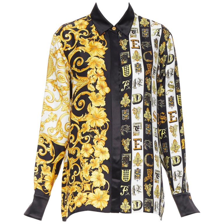 new VERSACE 100% silk gold black Hibiscus Baroque Virtus Alphabet shirt ...