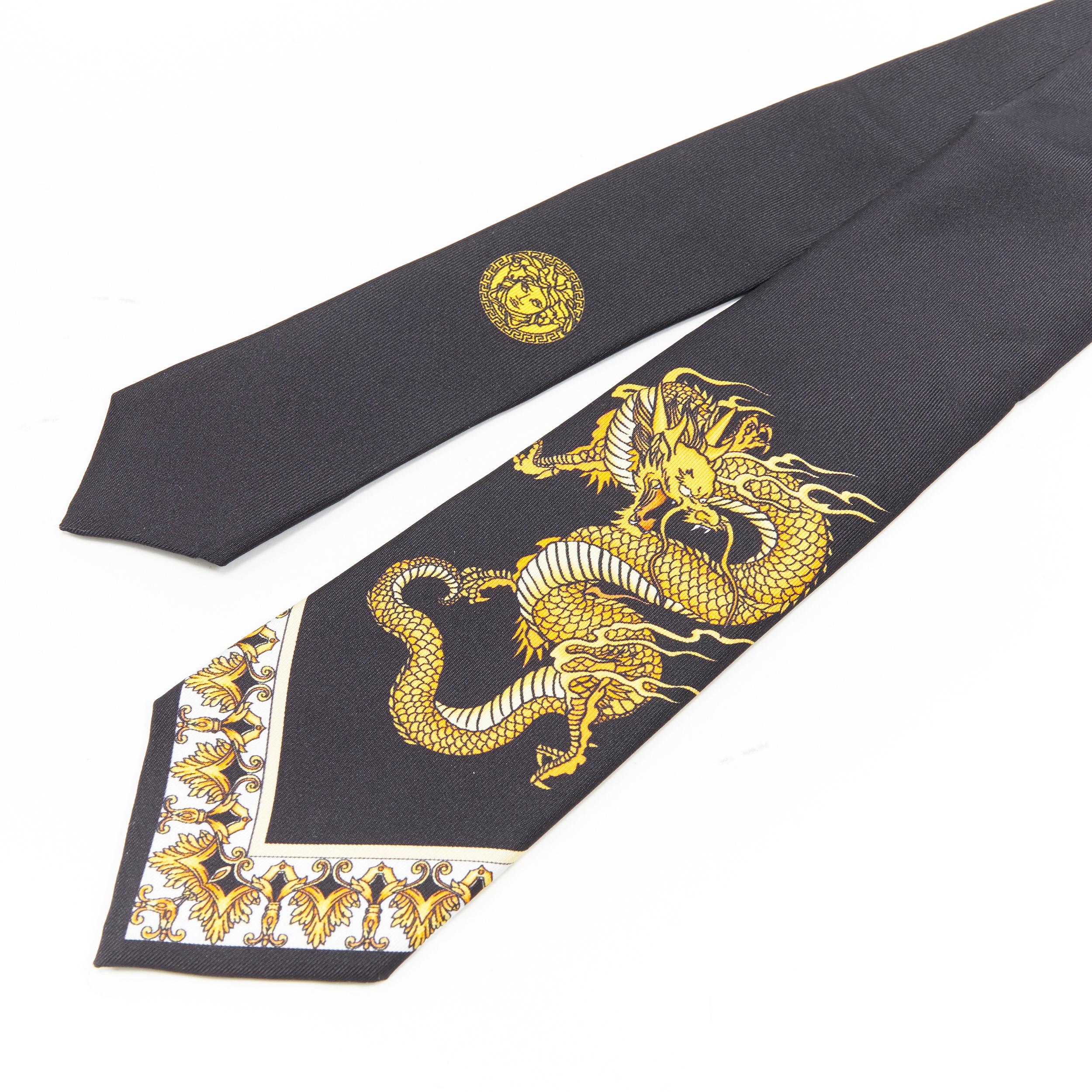 new VERSACE 100% silk print gold oriental dragon baroque slim tie In New Condition In Hong Kong, NT