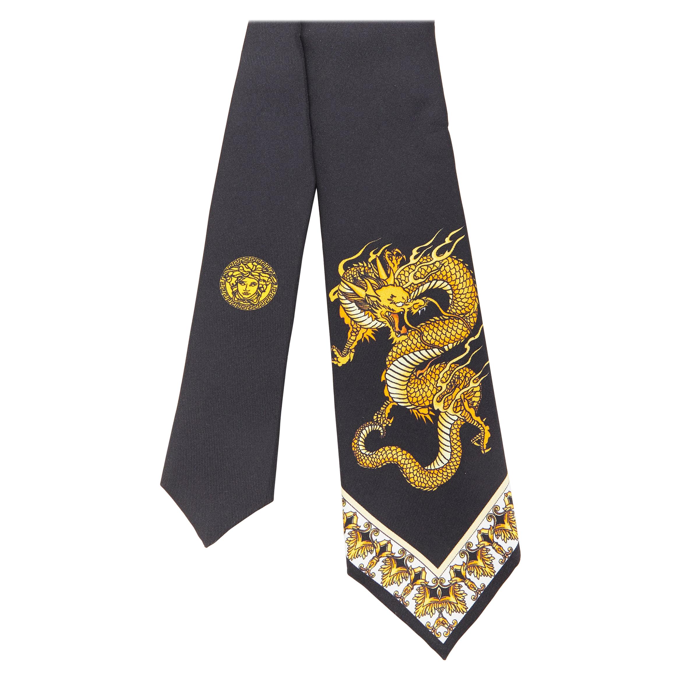 new VERSACE 100% silk print gold oriental dragon baroque slim tie