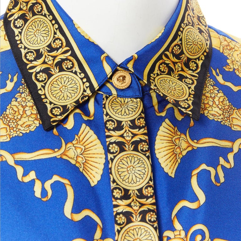 new VERSACE 100% silk red blue gold leopard baroque print Medusa shirt IT40  S at 1stDibs