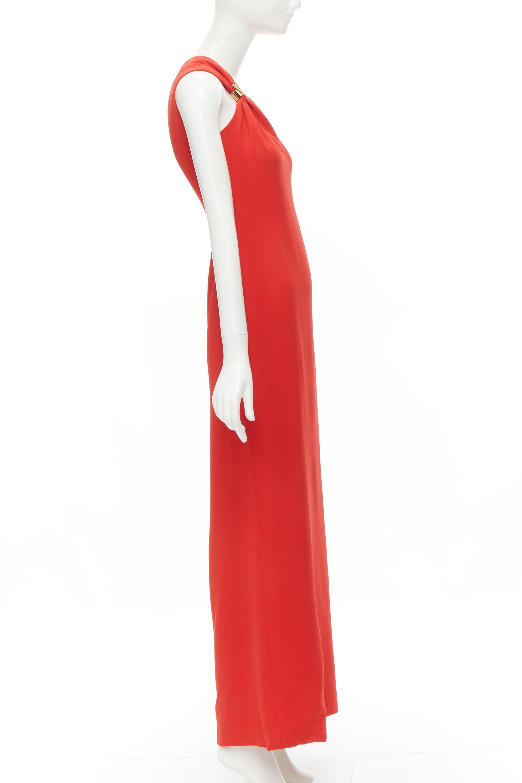 Red new VERSACE 100% silk red gold Virtus V clasp one shoulder gown dress IT38 XS For Sale