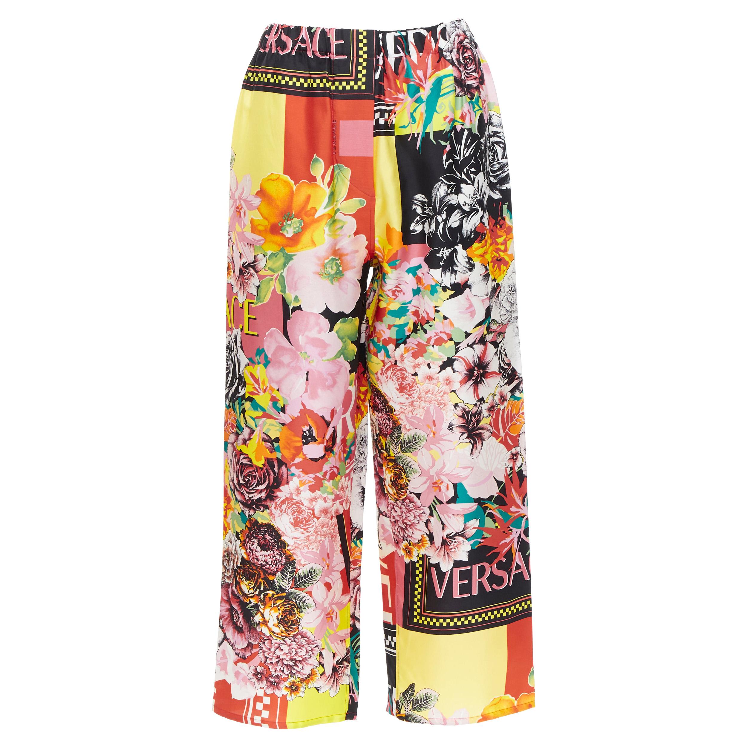 new VERSACE 100% silk SS19 floral flower 90's logo print casual pants IT42 M