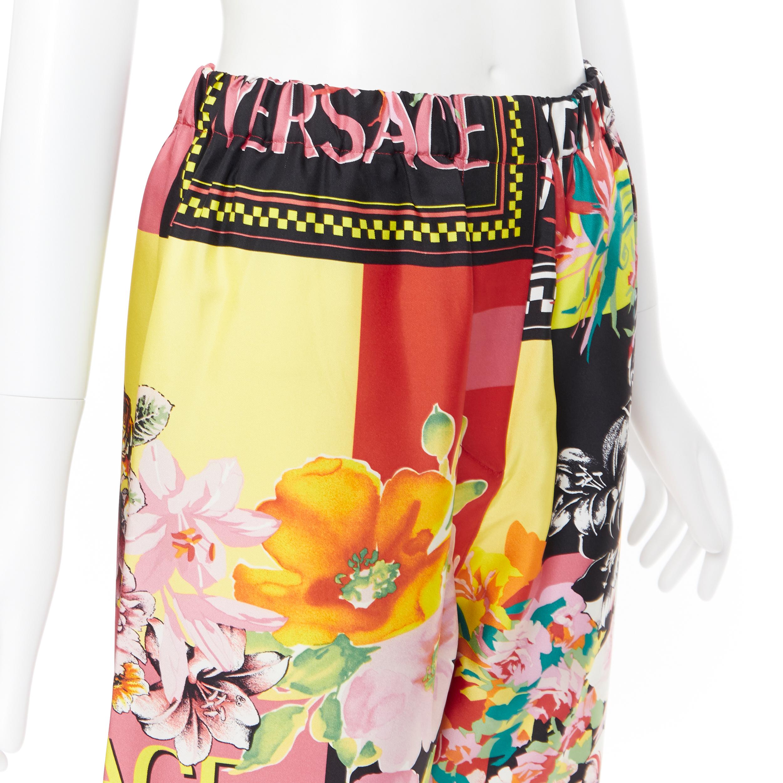 Women's new VERSACE 100% silk SS19 floral flower box logo print casual pants IT38 XS