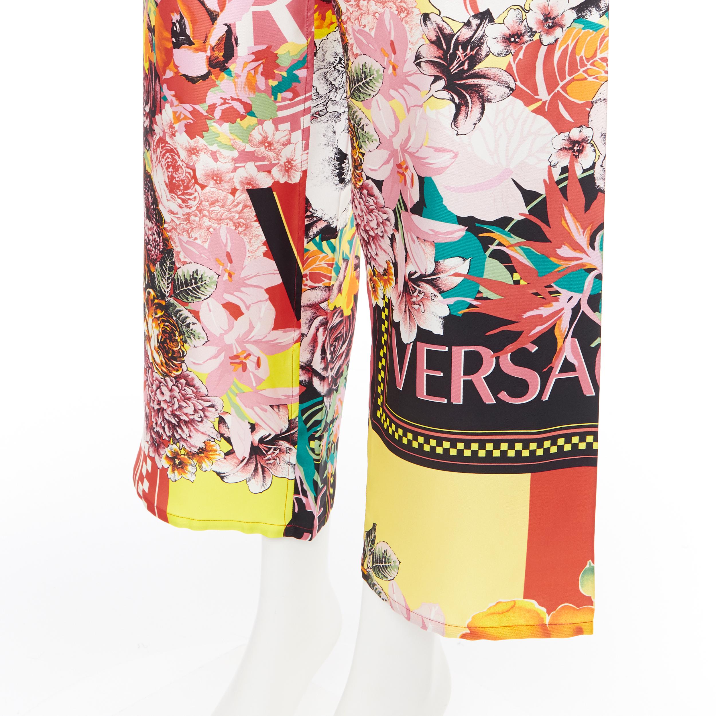 new VERSACE 100% silk SS19 floral flower box logo print casual pants IT38 XS 1