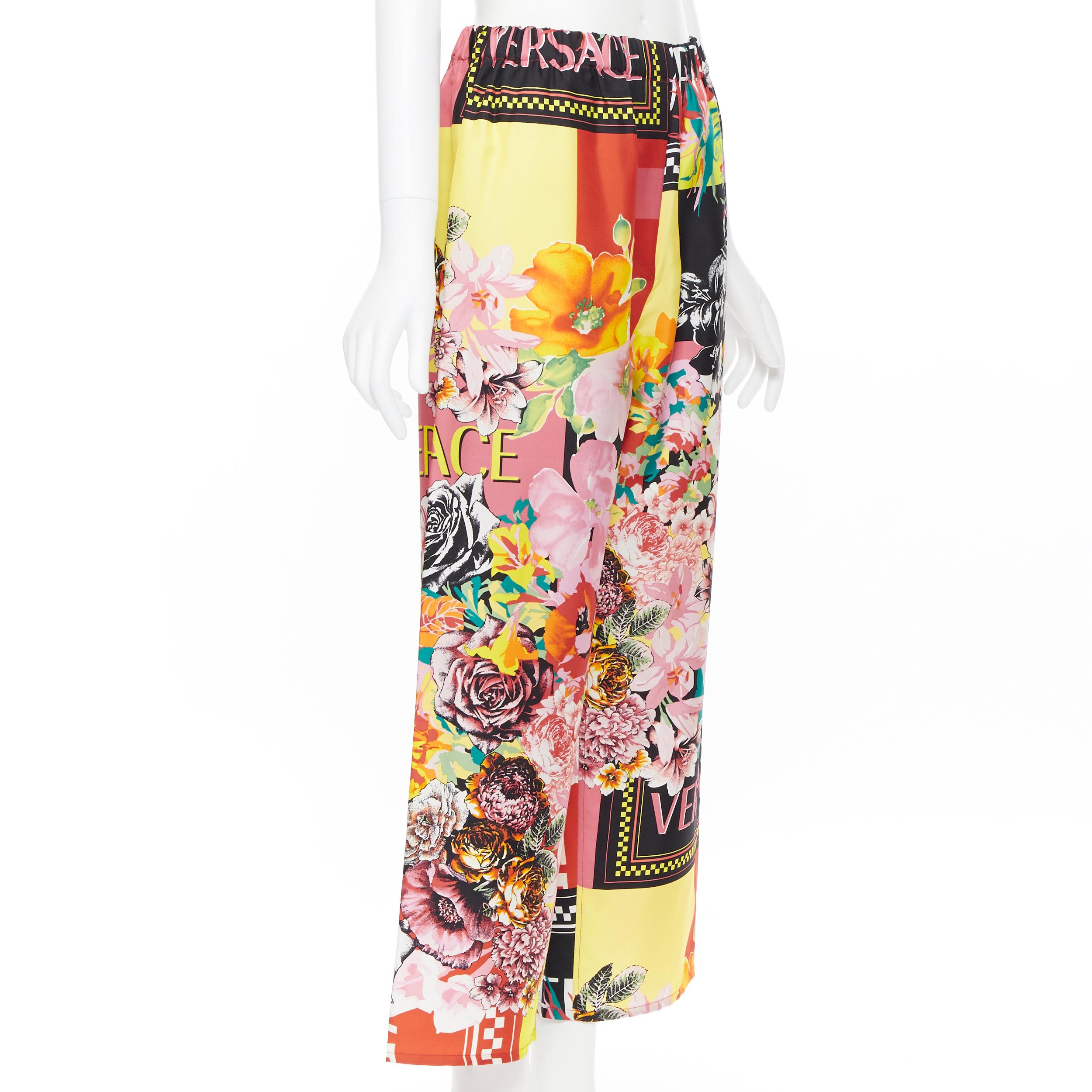 Beige new VERSACE 100% silk SS19 floral flower box logo print casual pants IT44 L
