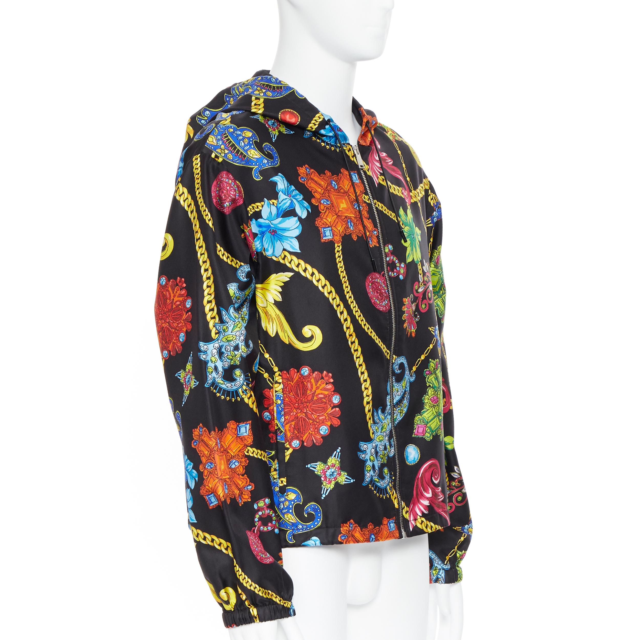 Black new VERSACE 100% silk SS19 Vintage Jewel Floral Gold Chain hoodie jacket IT48 M For Sale