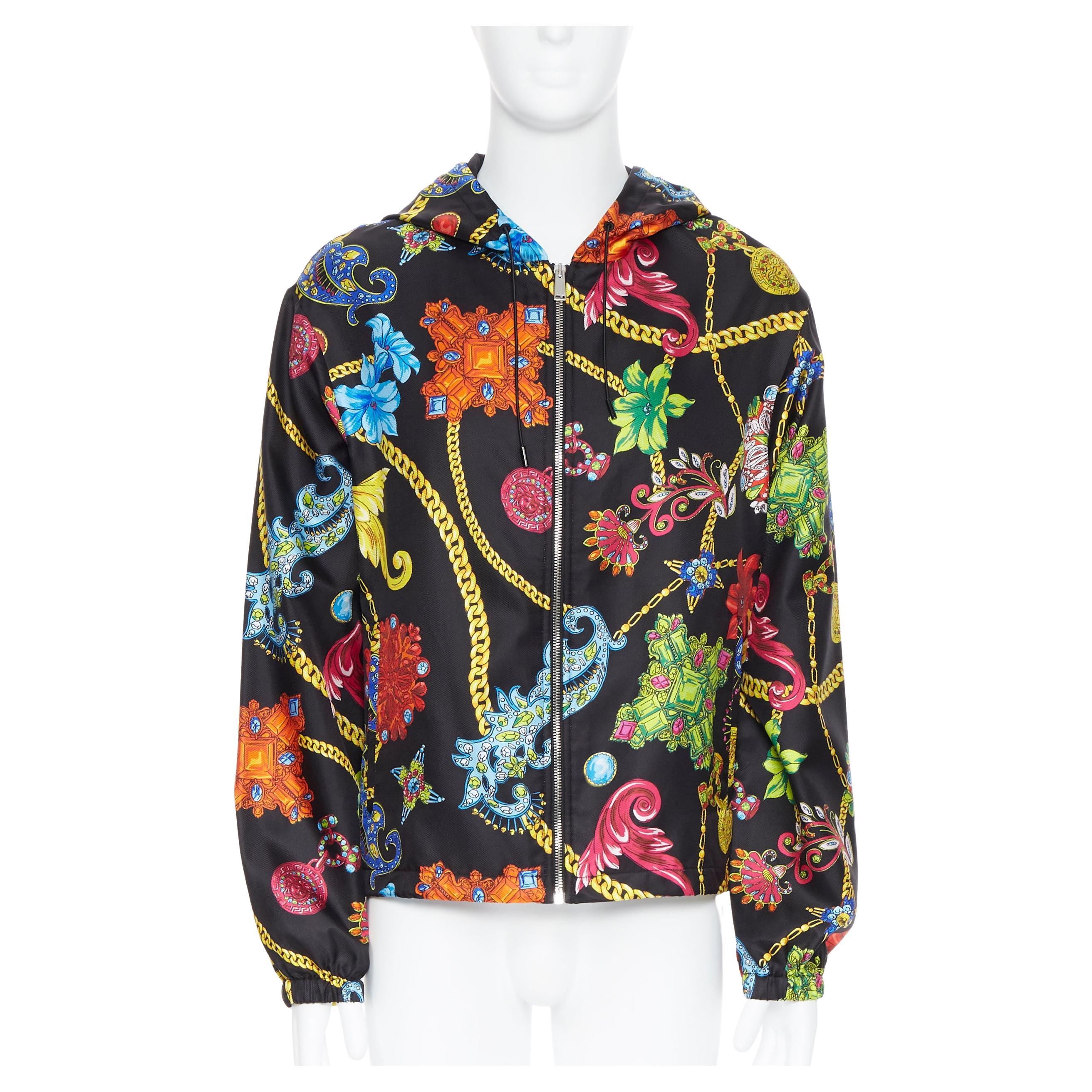 new VERSACE 100% silk SS19 Vintage Jewel Floral Gold Chain hoodie jacket IT48 M For Sale
