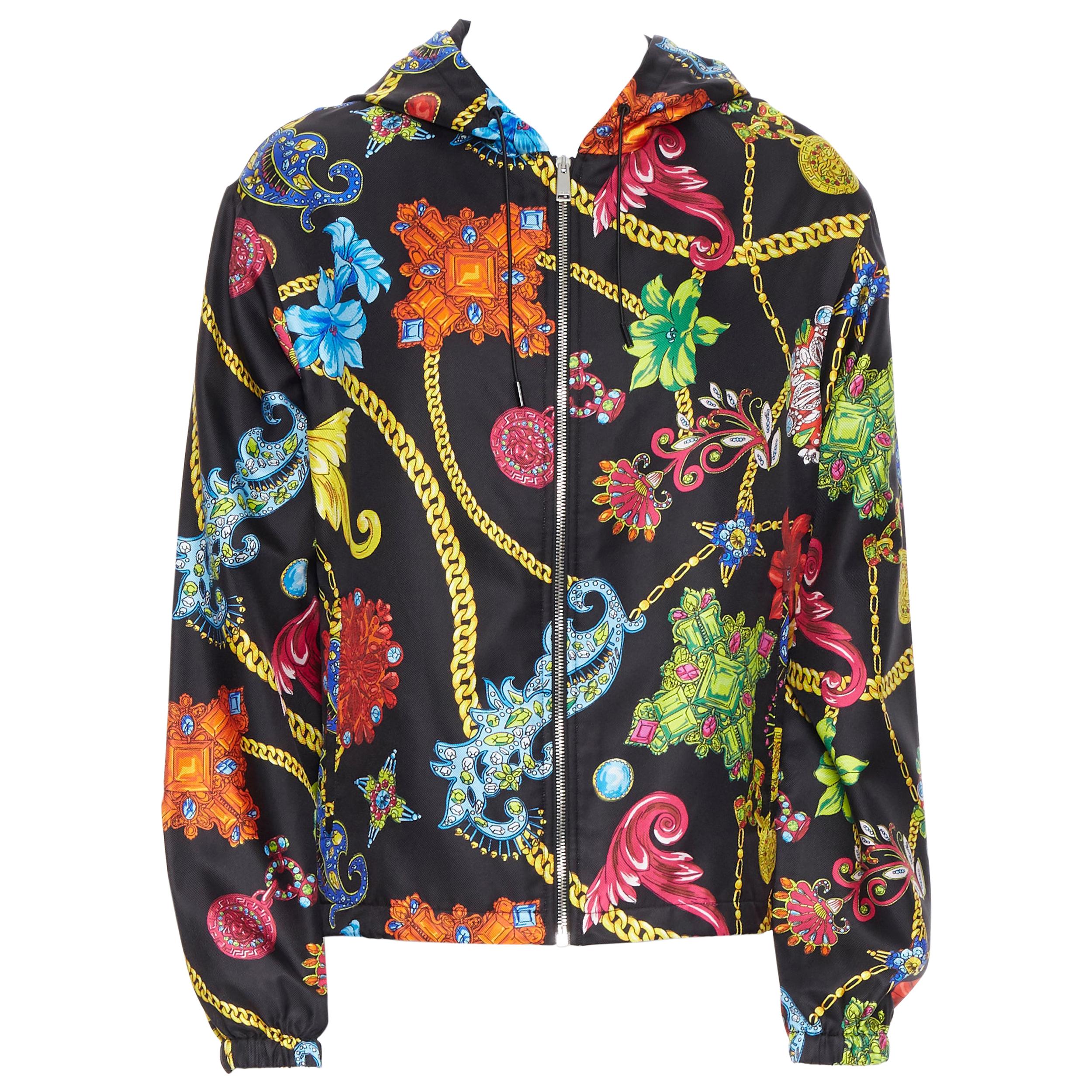 new VERSACE 100% silk SS19 Vintage Jewel Floral print hoodie jacket IT48 M For Sale