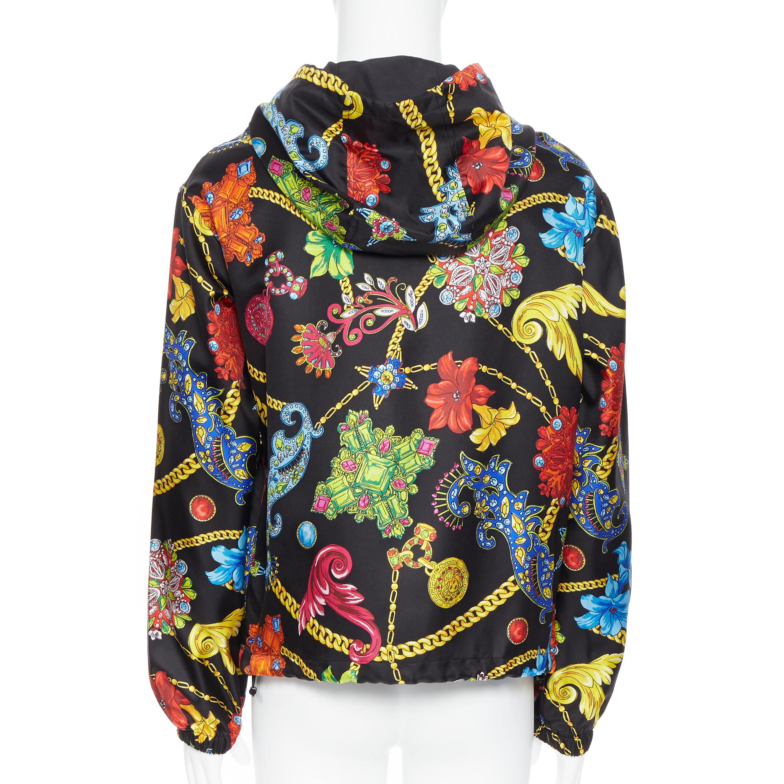 Black new VERSACE 100% silk SS19 Vintage Jewel Floral print hoodie jacket IT52 XL