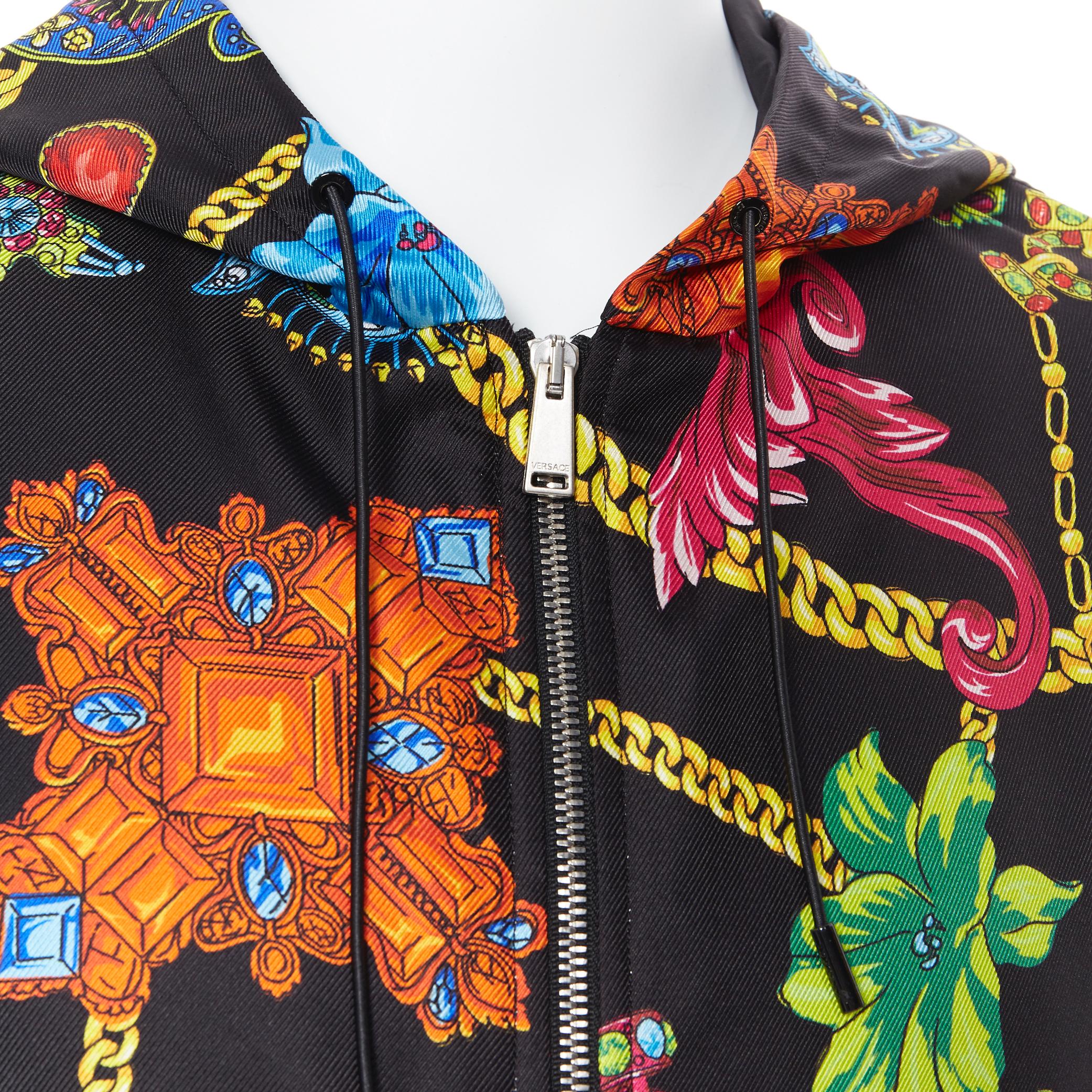Men's new VERSACE 100% silk SS19 Vintage Jewel Floral print hoodie jacket IT52 XL