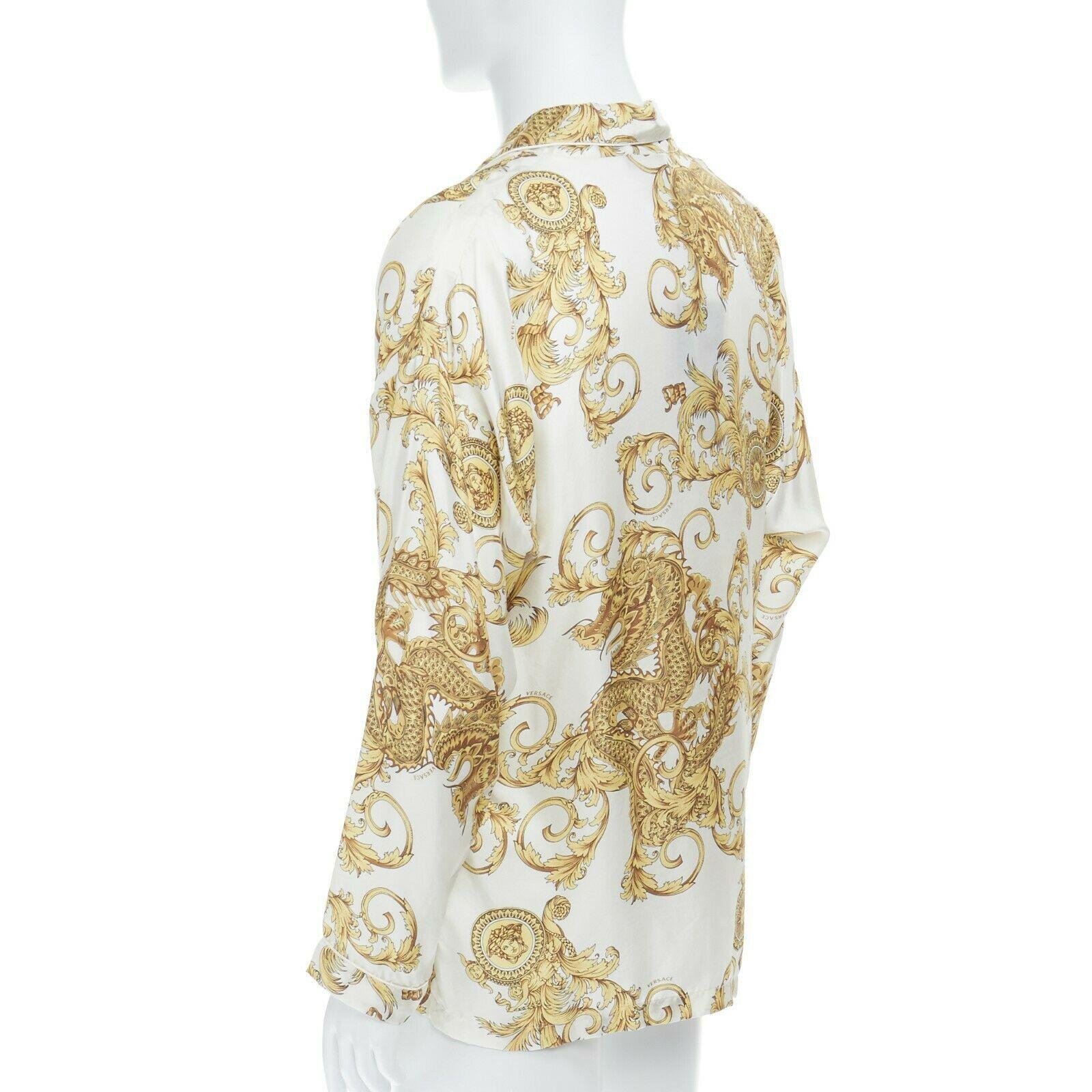 Beige new VERSACE 100% silk white gold dragon Medusa baroque pyjama fit shirt IT3 XS