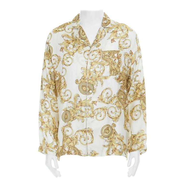 new VERSACE 100% silk white gold dragon Medusa baroque pyjama fit shirt ...